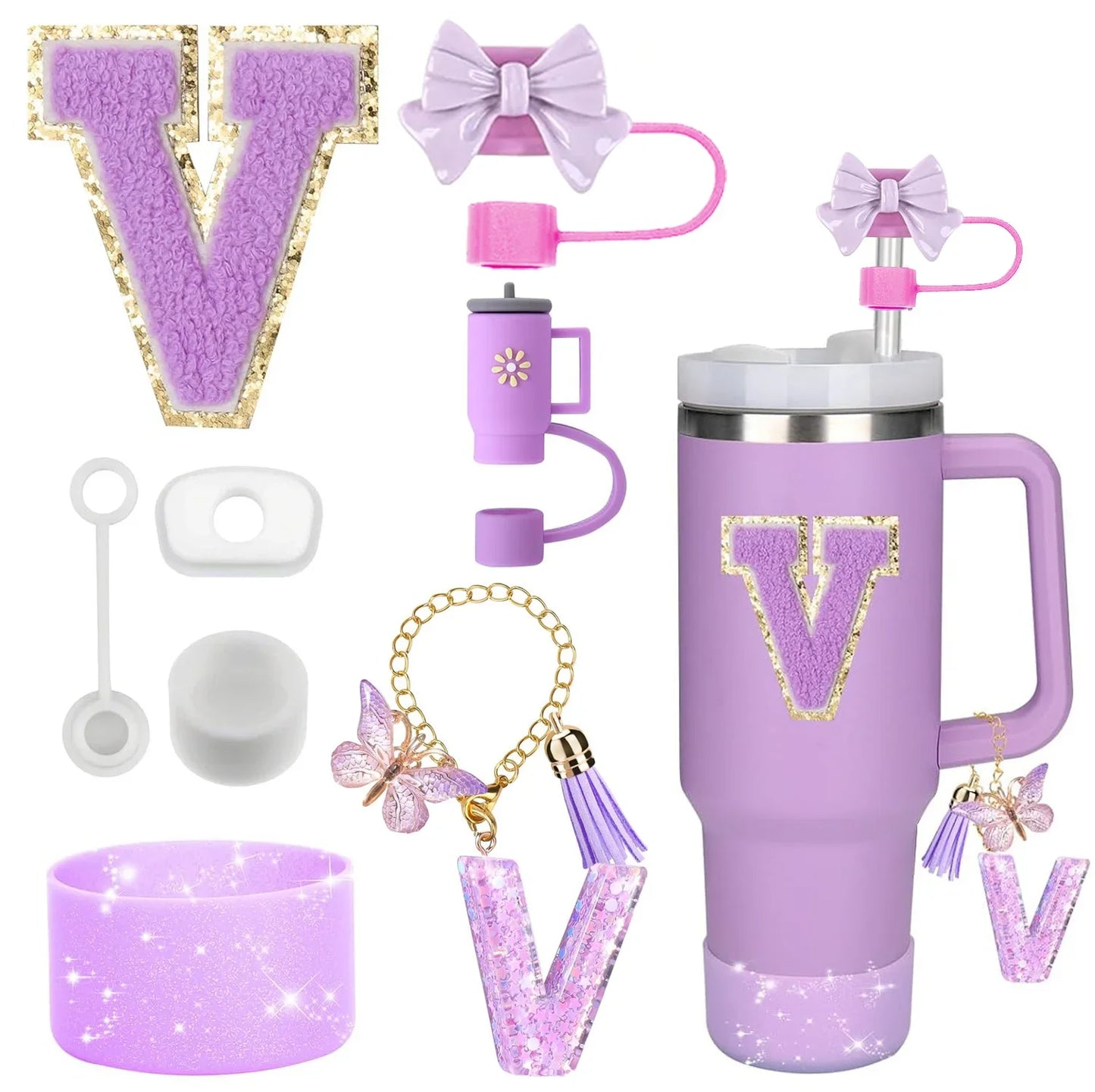 Bottly 8PCS Personalized Bottle Accessories Set | Silicone Boot, Straw Topper, Handle, Charm & Initial Sticker
