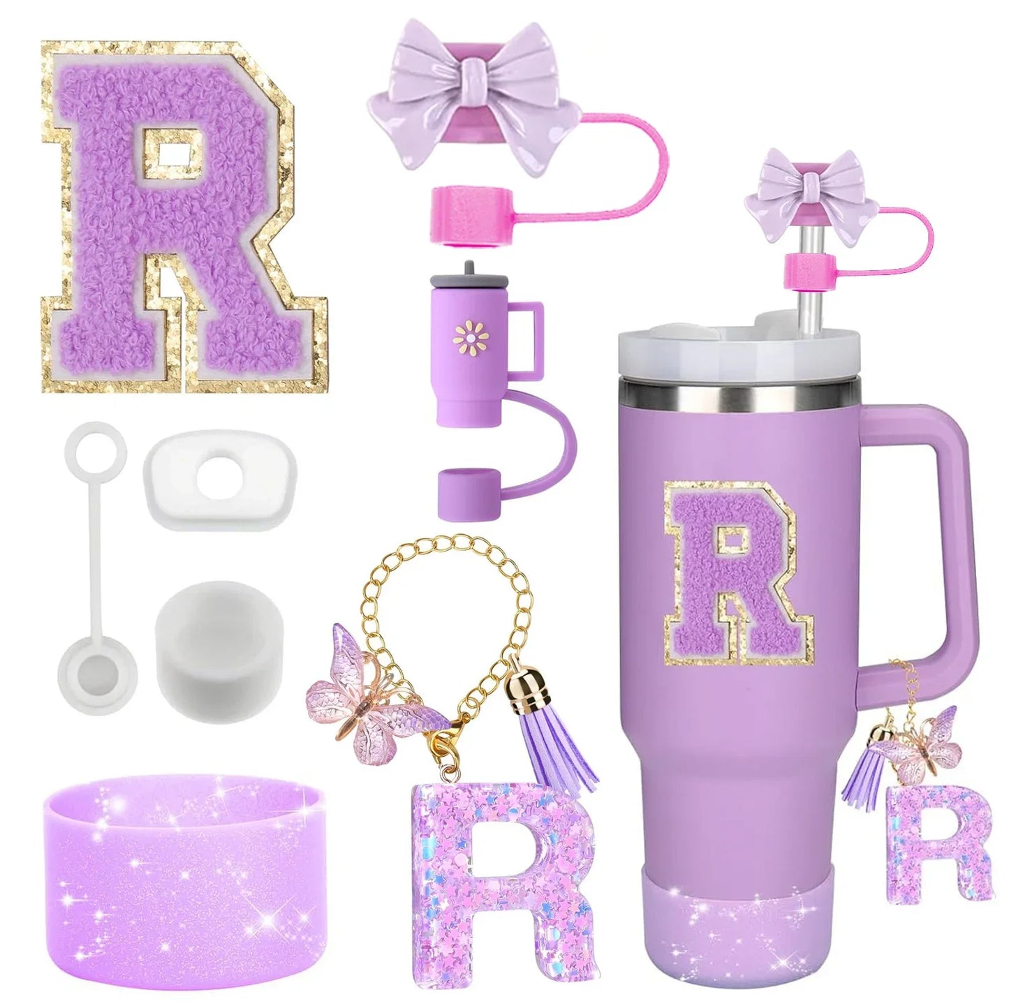 Bottly 8PCS Personalized Bottle Accessories Set | Silicone Boot, Straw Topper, Handle, Charm & Initial Sticker