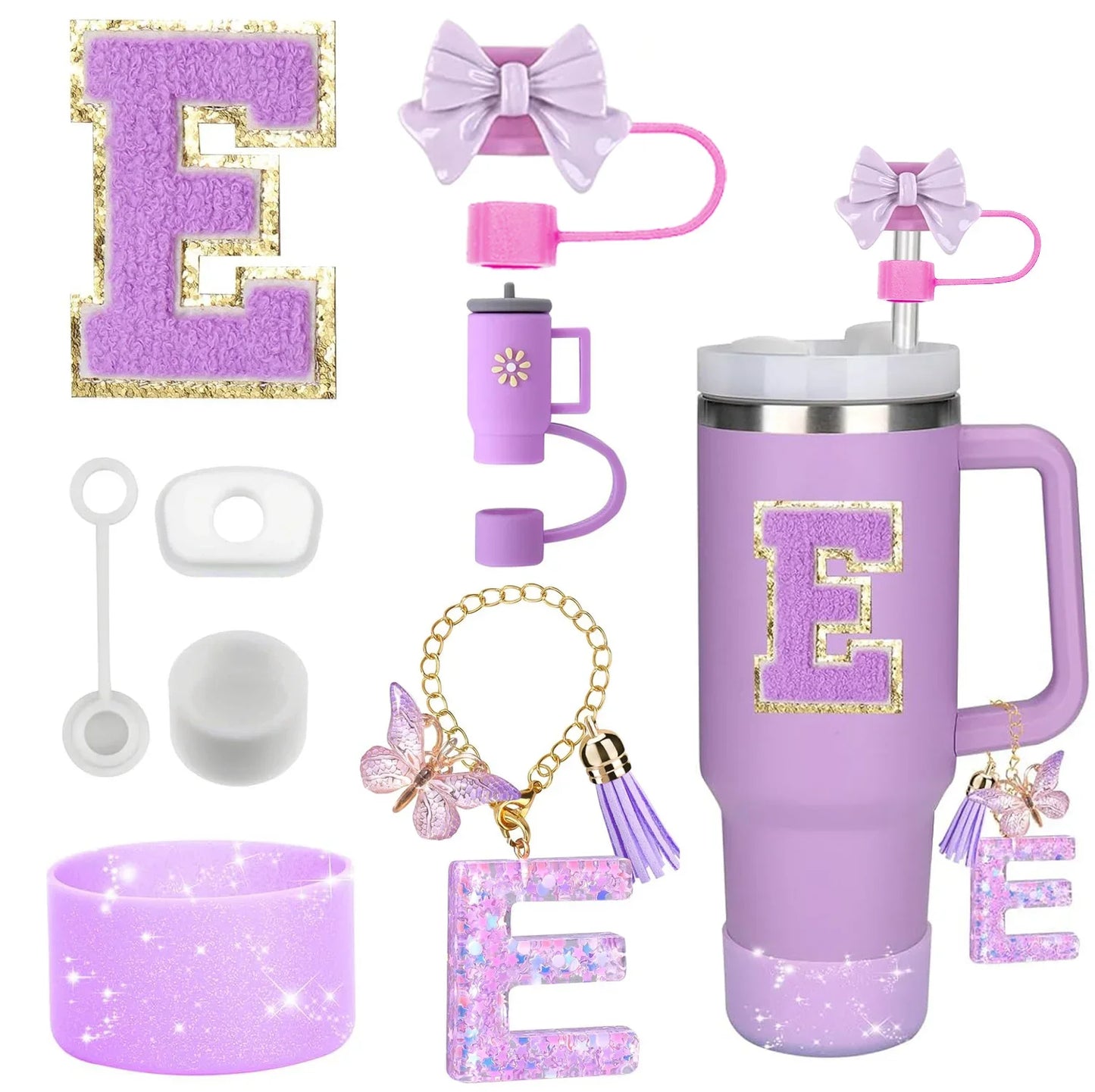 Bottly 8PCS Personalized Bottle Accessories Set | Silicone Boot, Straw Topper, Handle, Charm & Initial Sticker