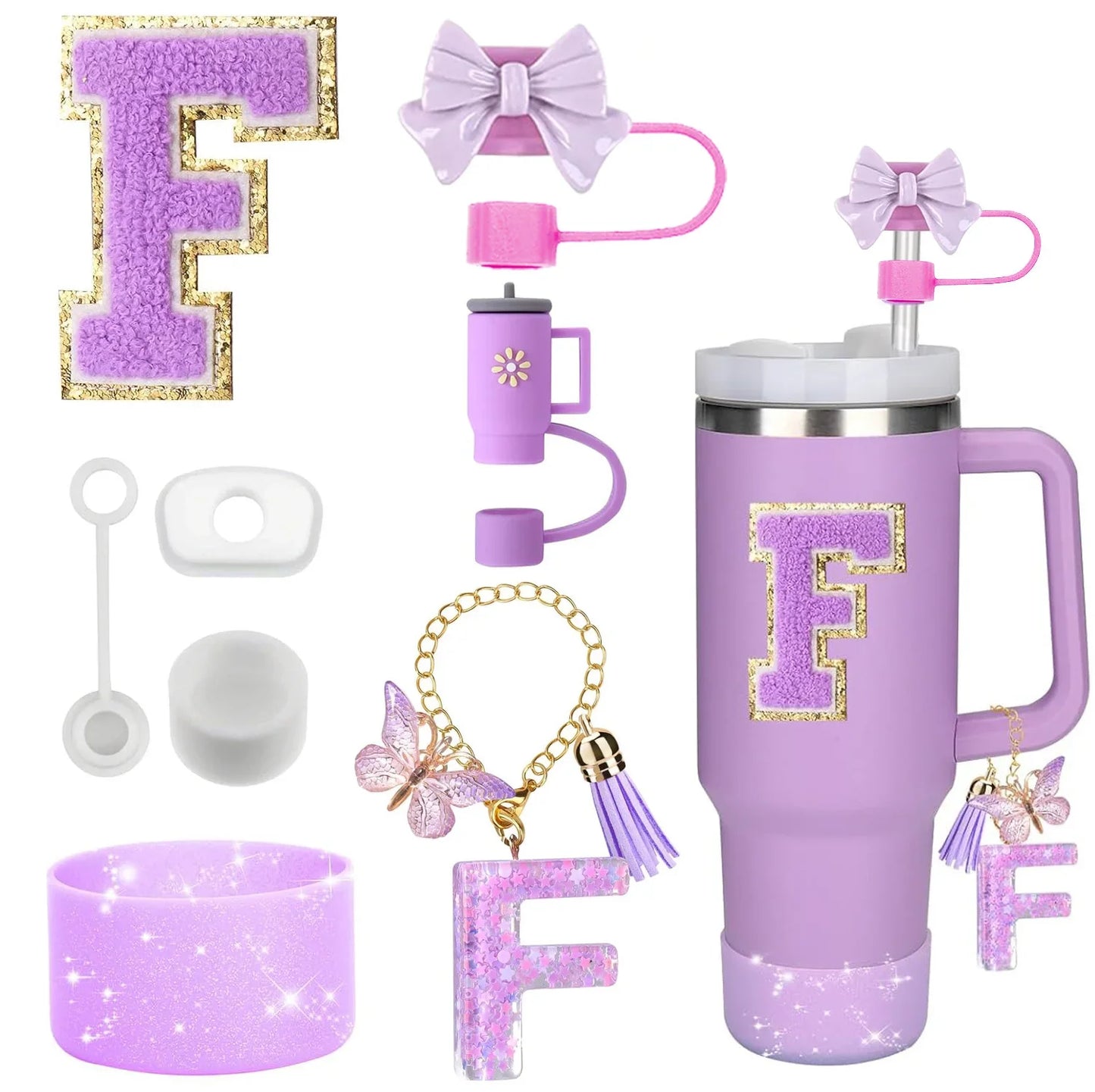 Bottly 8PCS Personalized Bottle Accessories Set | Silicone Boot, Straw Topper, Handle, Charm & Initial Sticker
