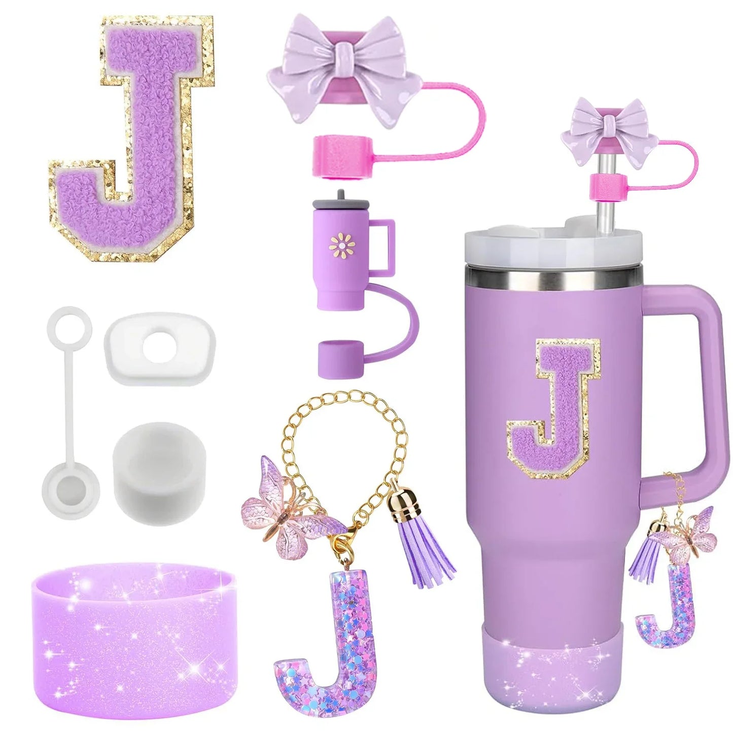 Bottly 8PCS Personalized Bottle Accessories Set | Silicone Boot, Straw Topper, Handle, Charm & Initial Sticker
