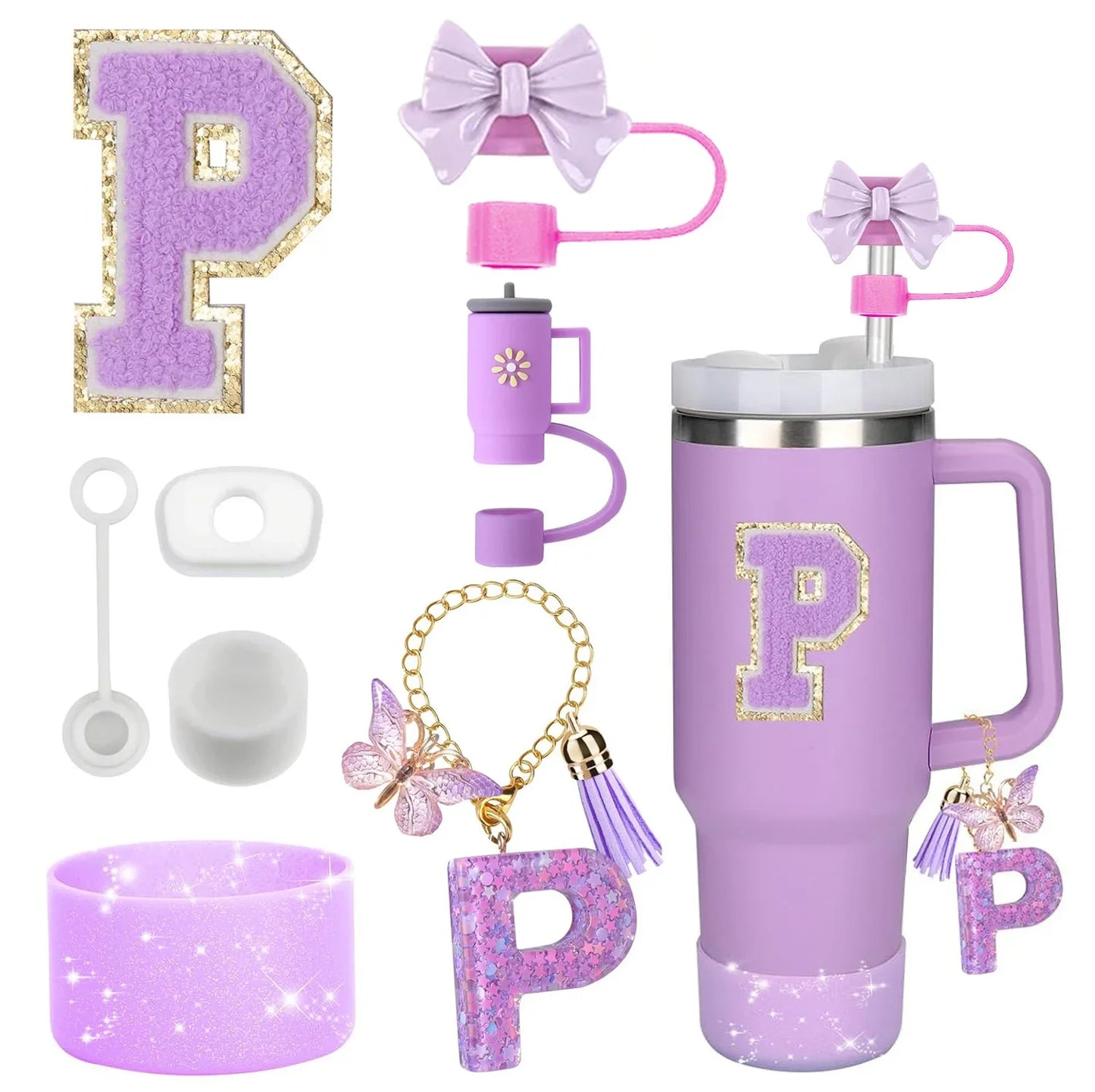 Bottly 8PCS Personalized Bottle Accessories Set | Silicone Boot, Straw Topper, Handle, Charm & Initial Sticker