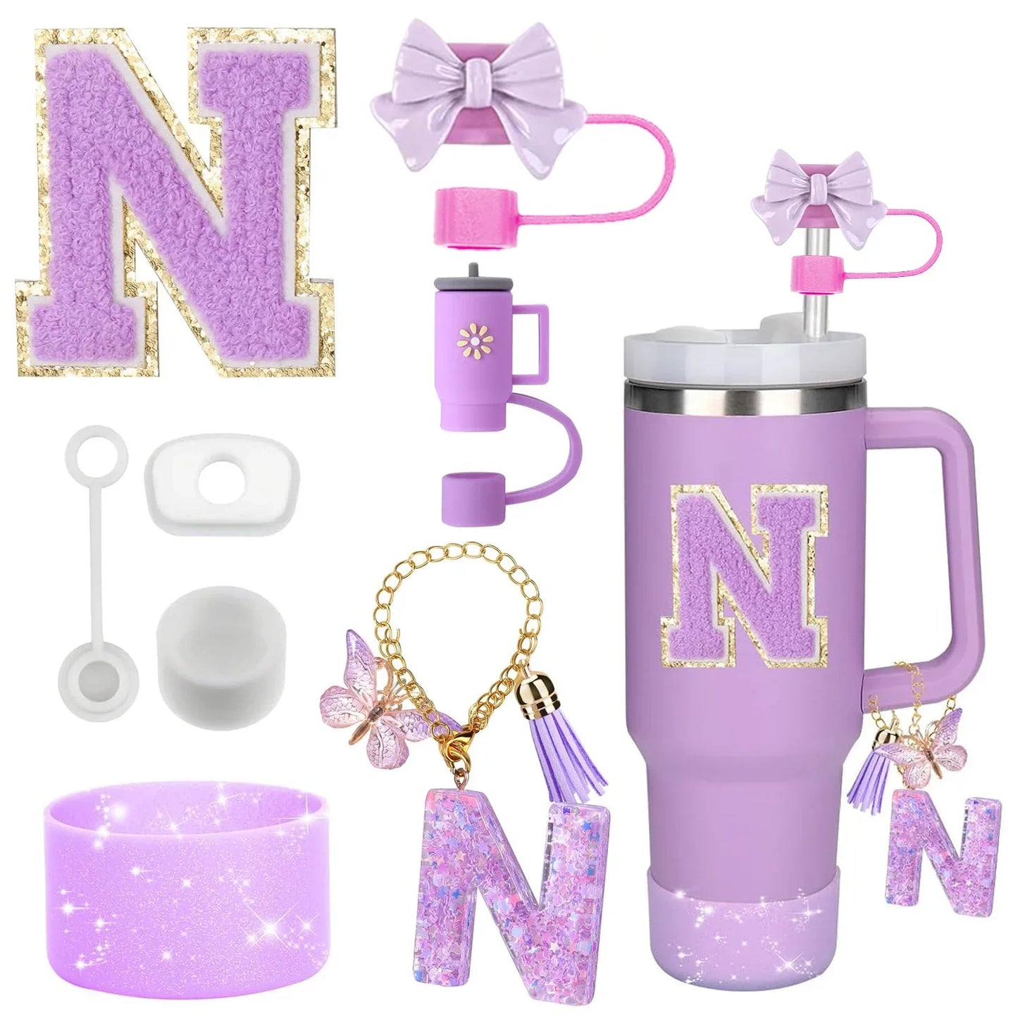 Bottly 8PCS Personalized Bottle Accessories Set | Silicone Boot, Straw Topper, Handle, Charm & Initial Sticker