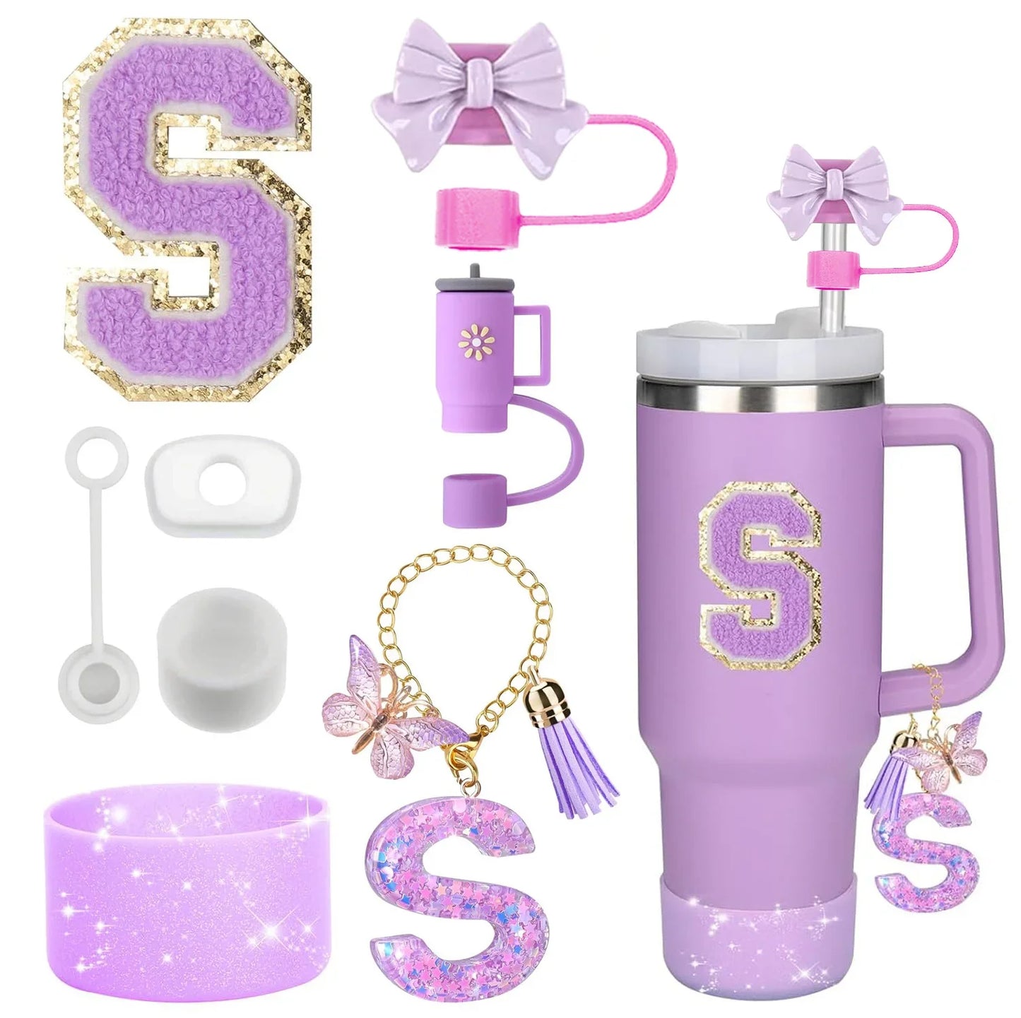 Bottly 8PCS Personalized Bottle Accessories Set | Silicone Boot, Straw Topper, Handle, Charm & Initial Sticker
