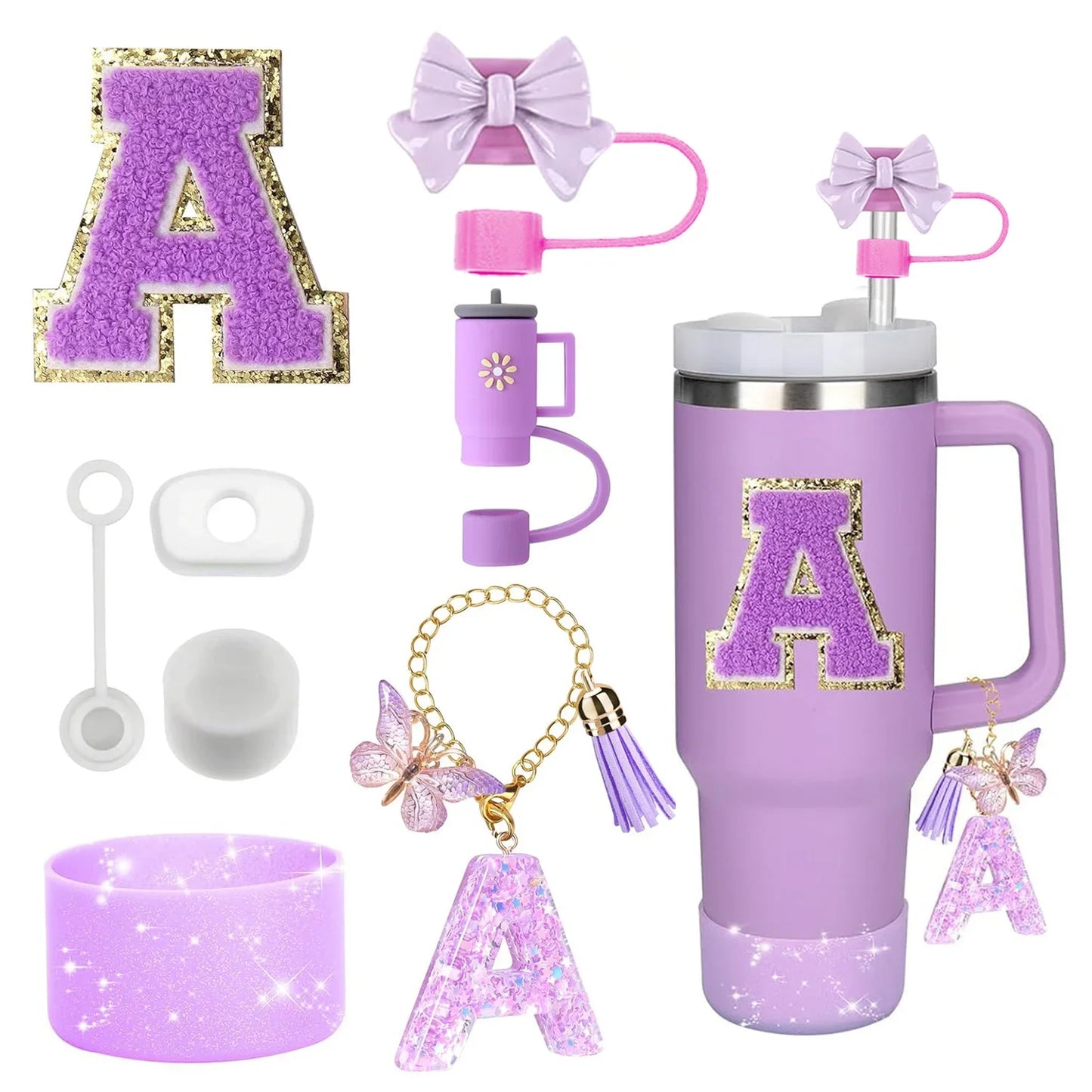 Bottly 8PCS Personalized Bottle Accessories Set | Silicone Boot, Straw Topper, Handle, Charm & Initial Sticker