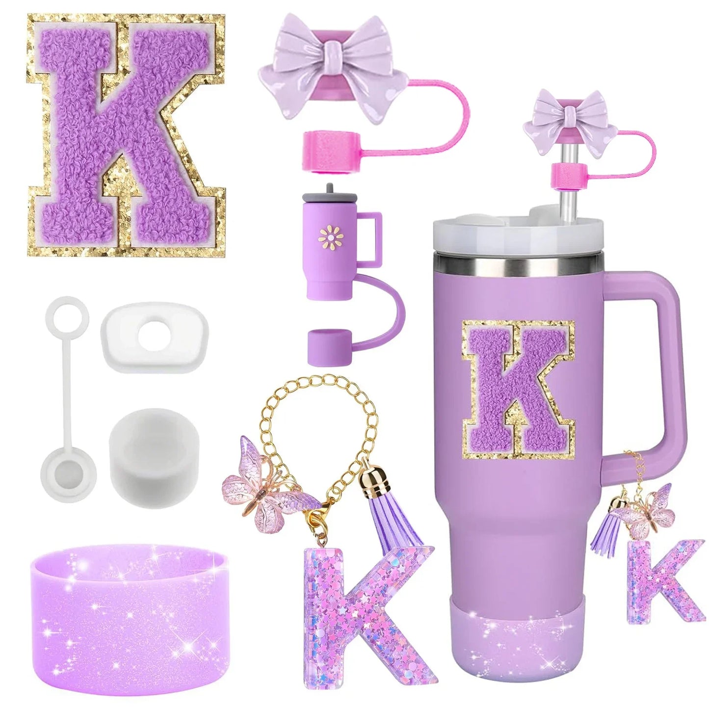 Bottly 8PCS Personalized Bottle Accessories Set | Silicone Boot, Straw Topper, Handle, Charm & Initial Sticker