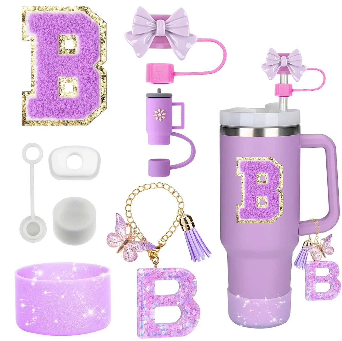 Bottly 8PCS Personalized Bottle Accessories Set | Silicone Boot, Straw Topper, Handle, Charm & Initial Sticker