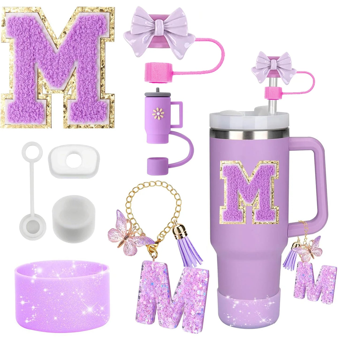 Bottly 8PCS Personalized Bottle Accessories Set | Silicone Boot, Straw Topper, Handle, Charm & Initial Sticker