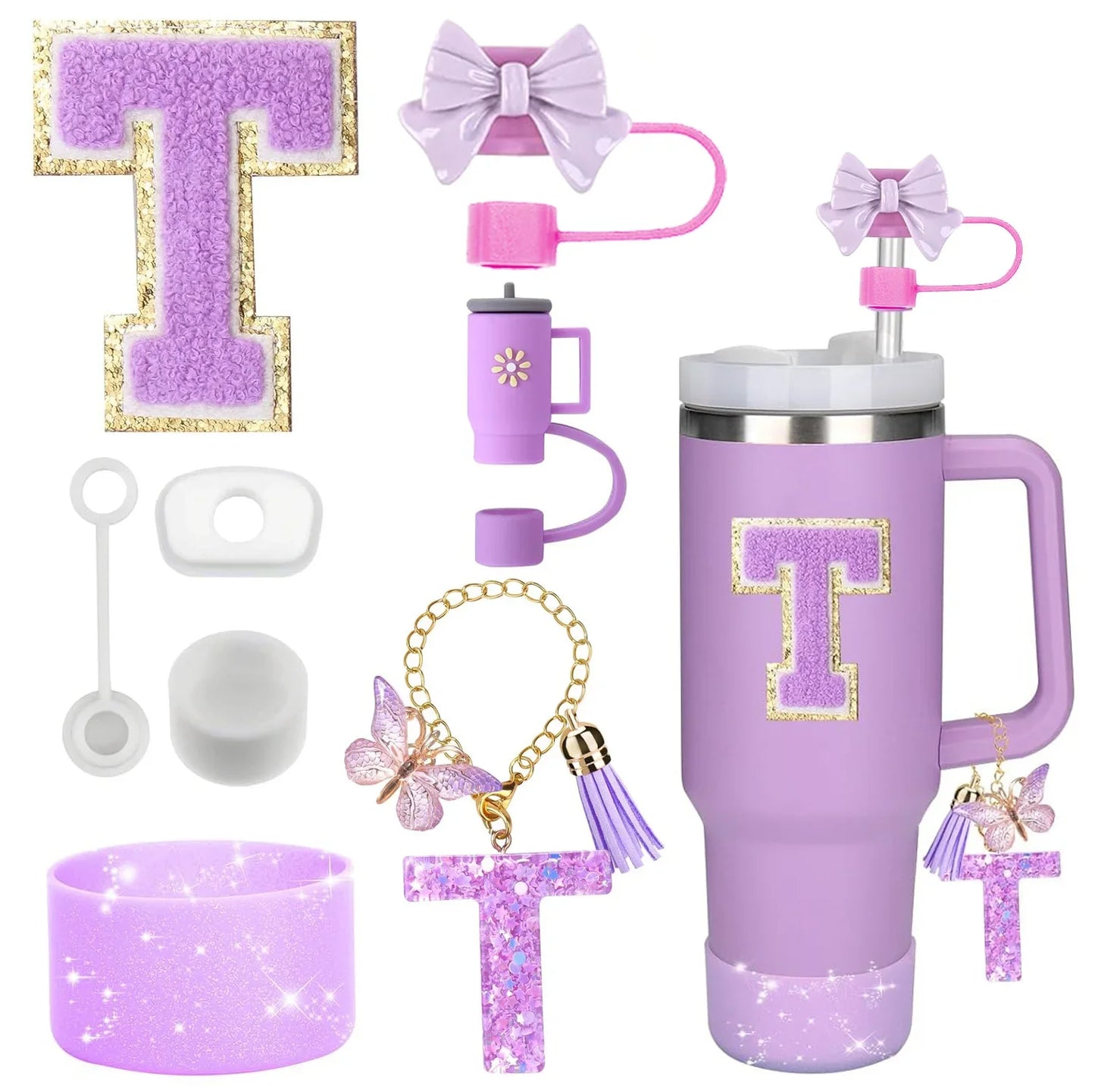 Bottly 8PCS Personalized Bottle Accessories Set | Silicone Boot, Straw Topper, Handle, Charm & Initial Sticker