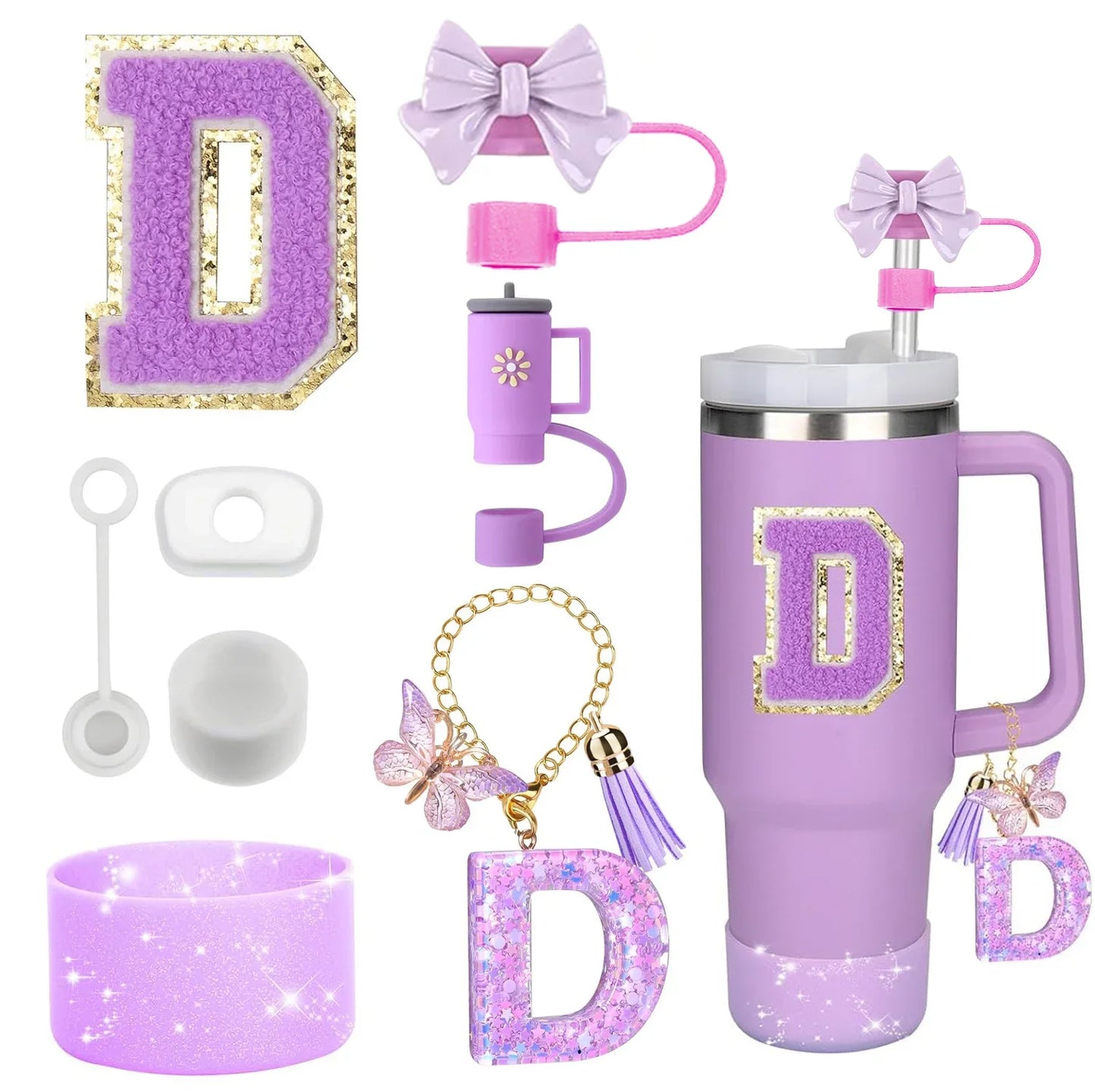 Bottly 8PCS Personalized Bottle Accessories Set | Silicone Boot, Straw Topper, Handle, Charm & Initial Sticker