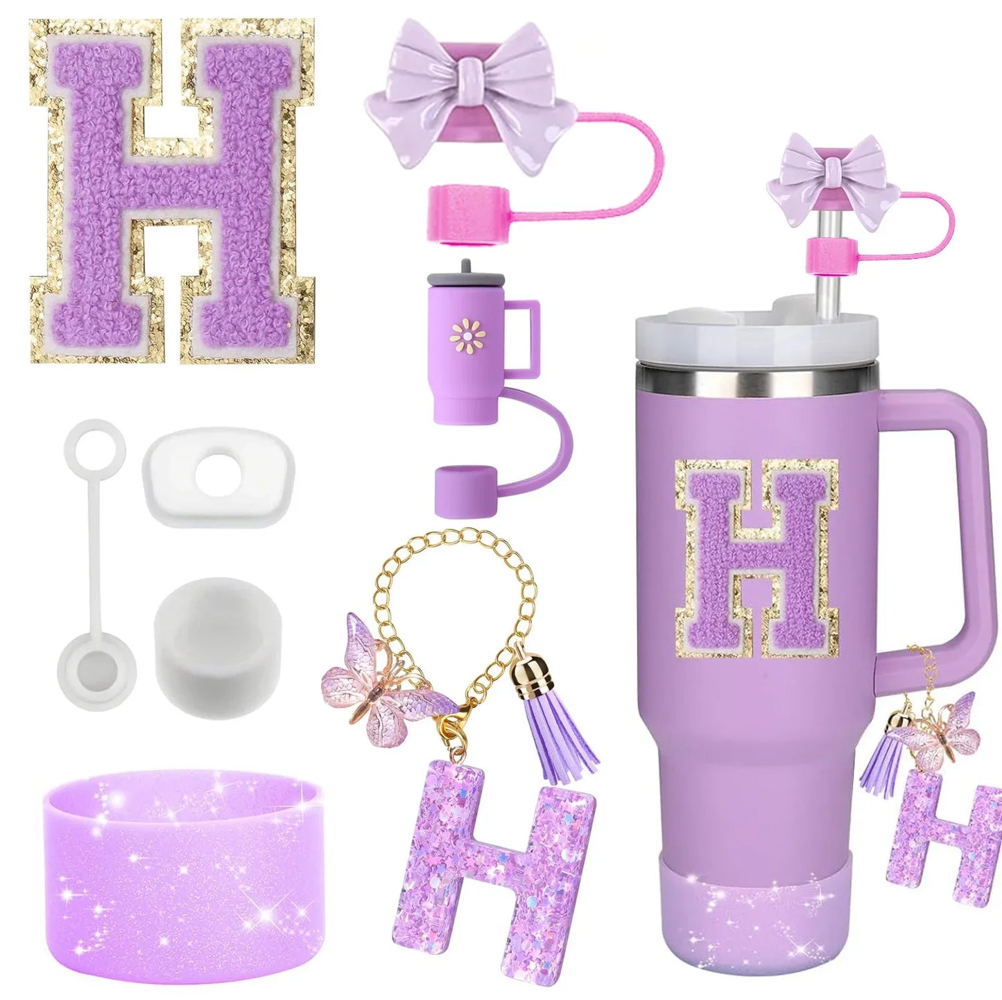 Bottly 8PCS Personalized Bottle Accessories Set | Silicone Boot, Straw Topper, Handle, Charm & Initial Sticker