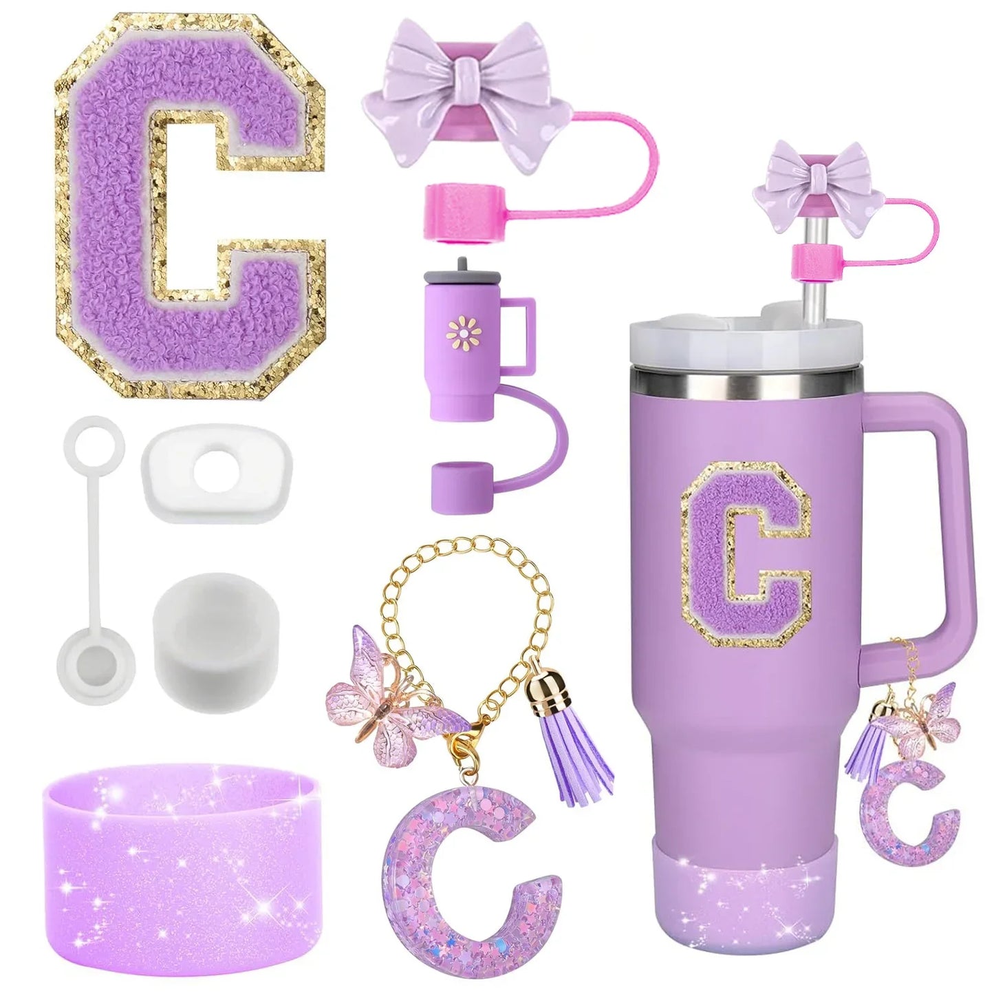 Bottly 8PCS Personalized Bottle Accessories Set | Silicone Boot, Straw Topper, Handle, Charm & Initial Sticker