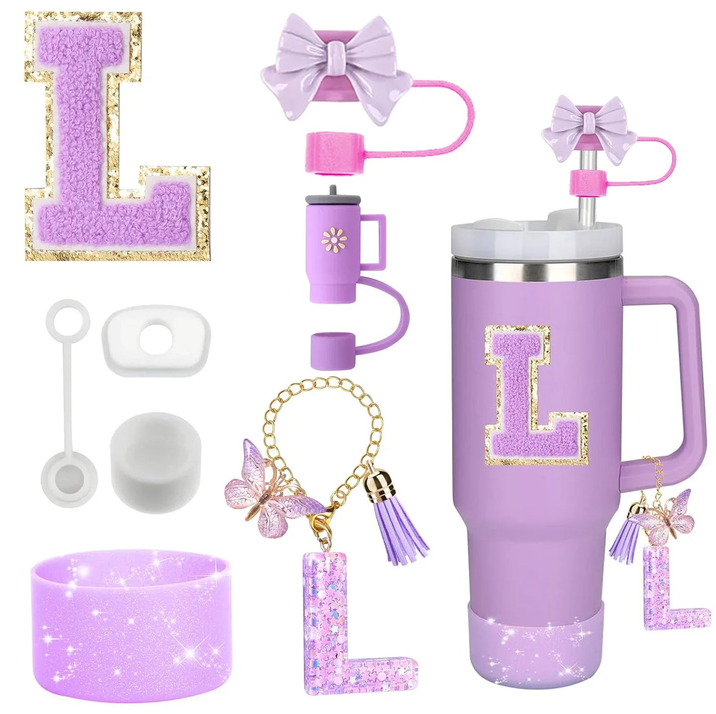 Bottly 8PCS Personalized Bottle Accessories Set | Silicone Boot, Straw Topper, Handle, Charm & Initial Sticker